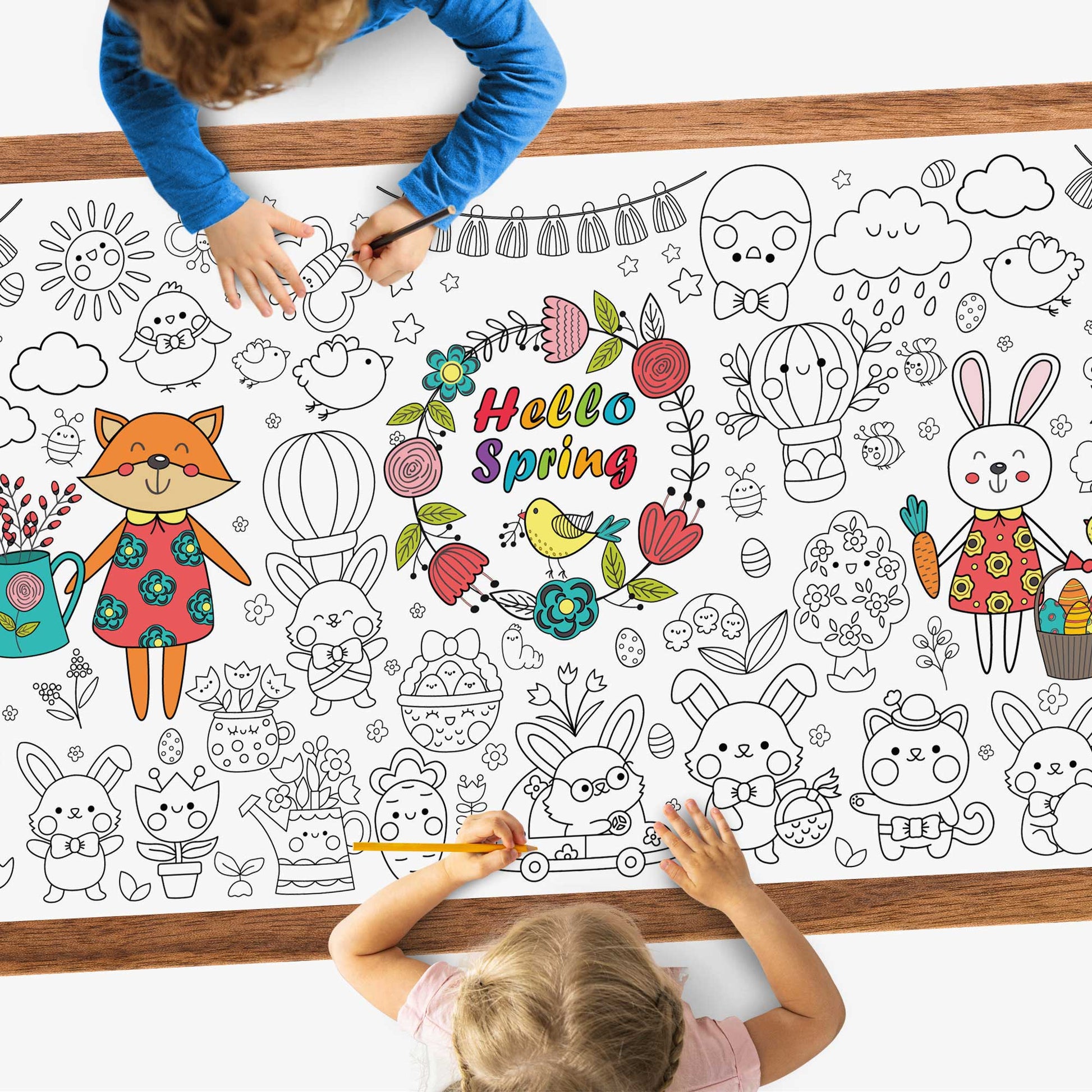 Kids coloring the Hello Spring Poster