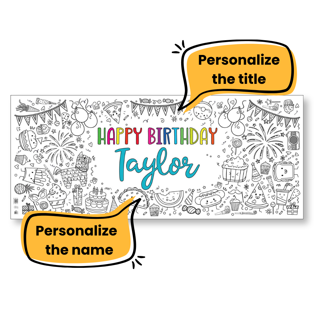 A personalized black-and-white birthday coloring poster with two orange callout bubbles that say 'Personalize the title' and 'Personalize the name'.