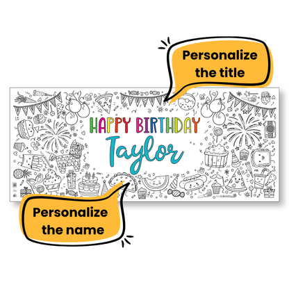 A personalized black-and-white birthday coloring poster with two orange callout bubbles that say 'Personalize the title' and 'Personalize the name'.