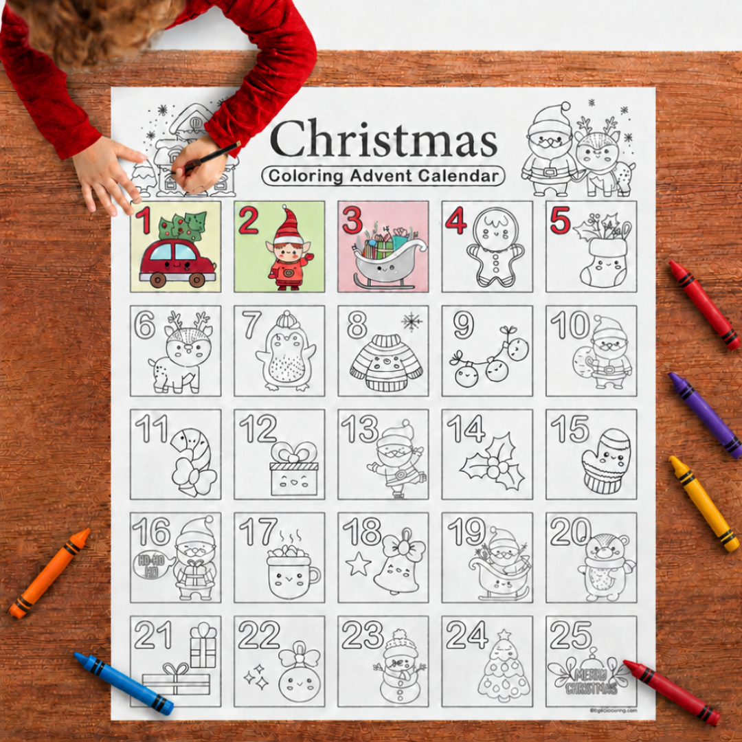 kid coloring a Christmas advent calendar poster