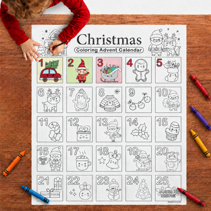 kid coloring a Christmas advent calendar poster