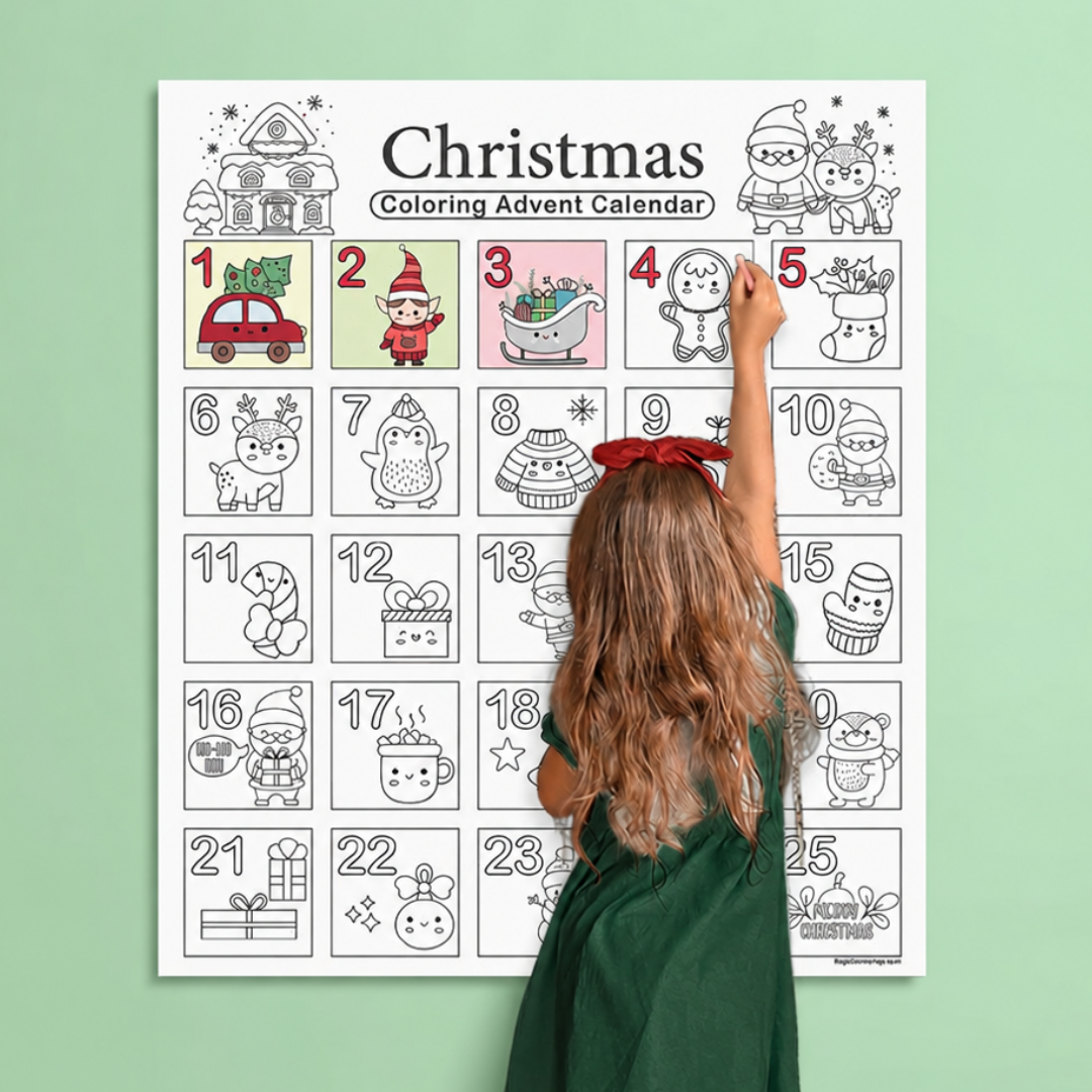girl coloring a Christmas advent poster