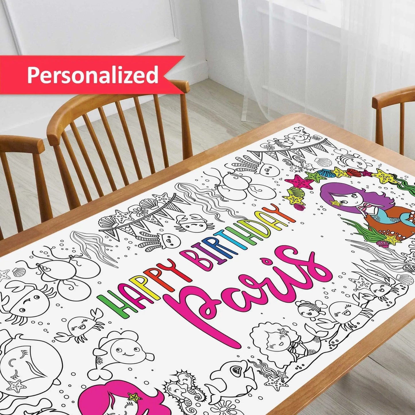 Mermaid Birthday Coloring Tablecloth Personalized