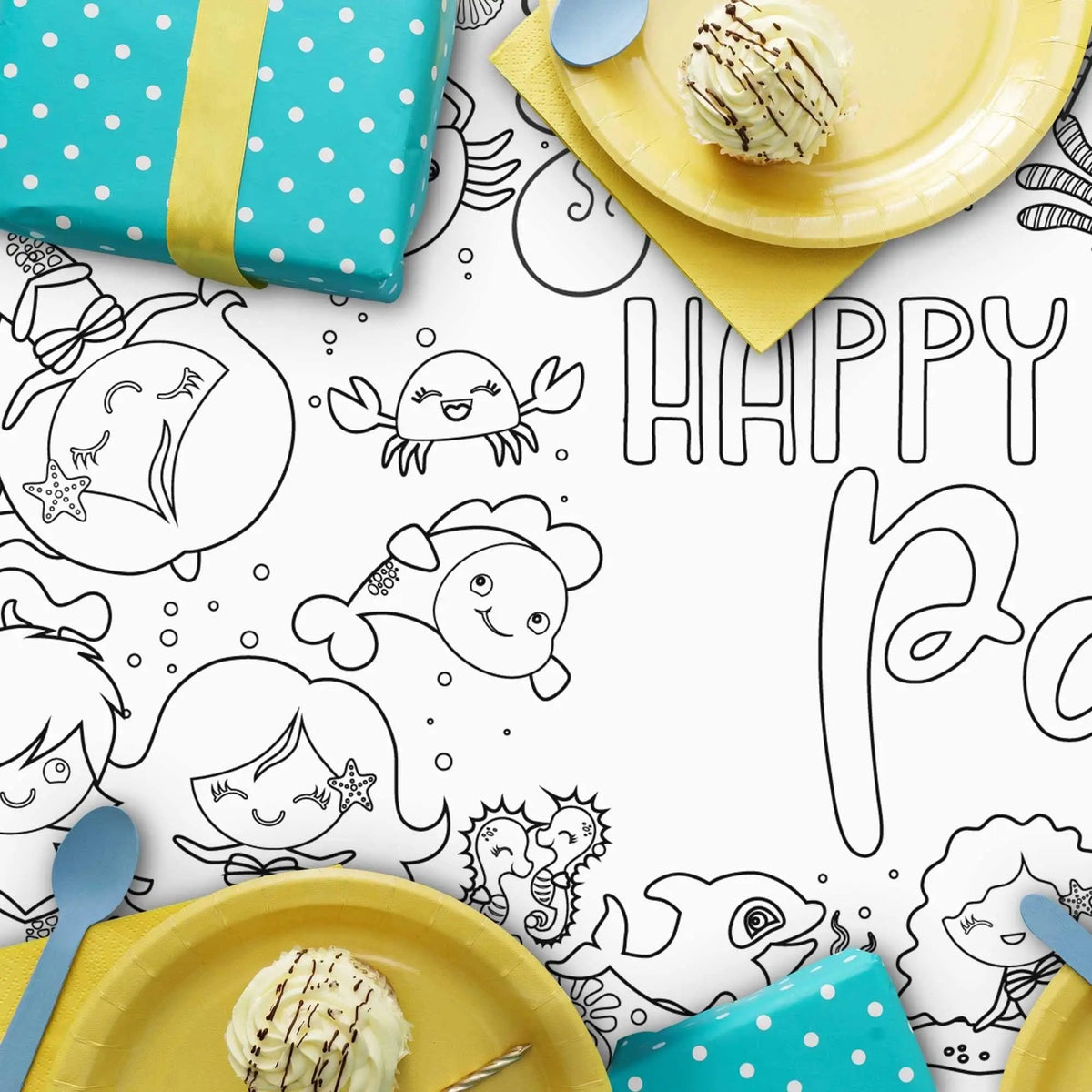 Mermaid Birthday Coloring Tablecloth Personalized