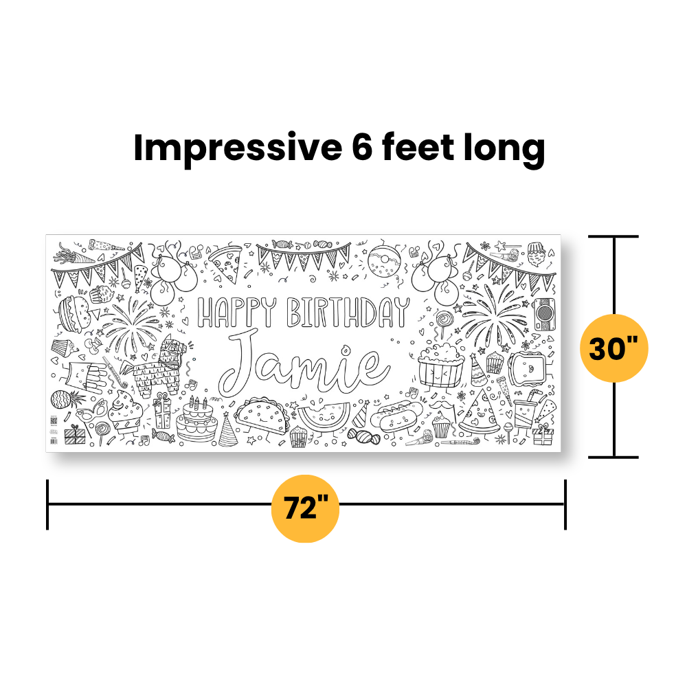 Black and white coloring poster with dimension labels indicating 72 inches wide, 30 inches tall, and a note that it is impressive 6 feet long.